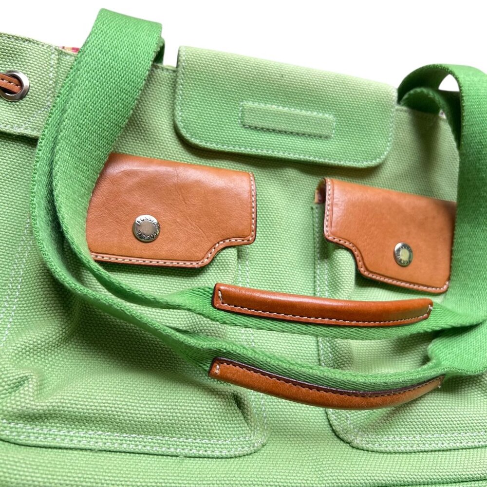 Fossil Mint Green Canvas Tote Bag Brown Leather Accents Key Striped Lining 75082 - Picture 2 of 15